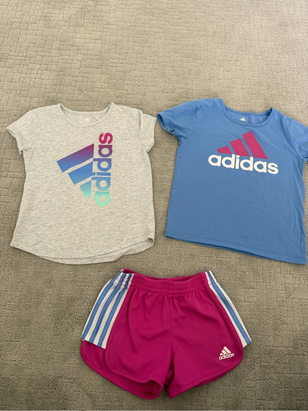 adidas Girls Short Sleeve Tee & Shorts Set - Gray, Blue, Pink